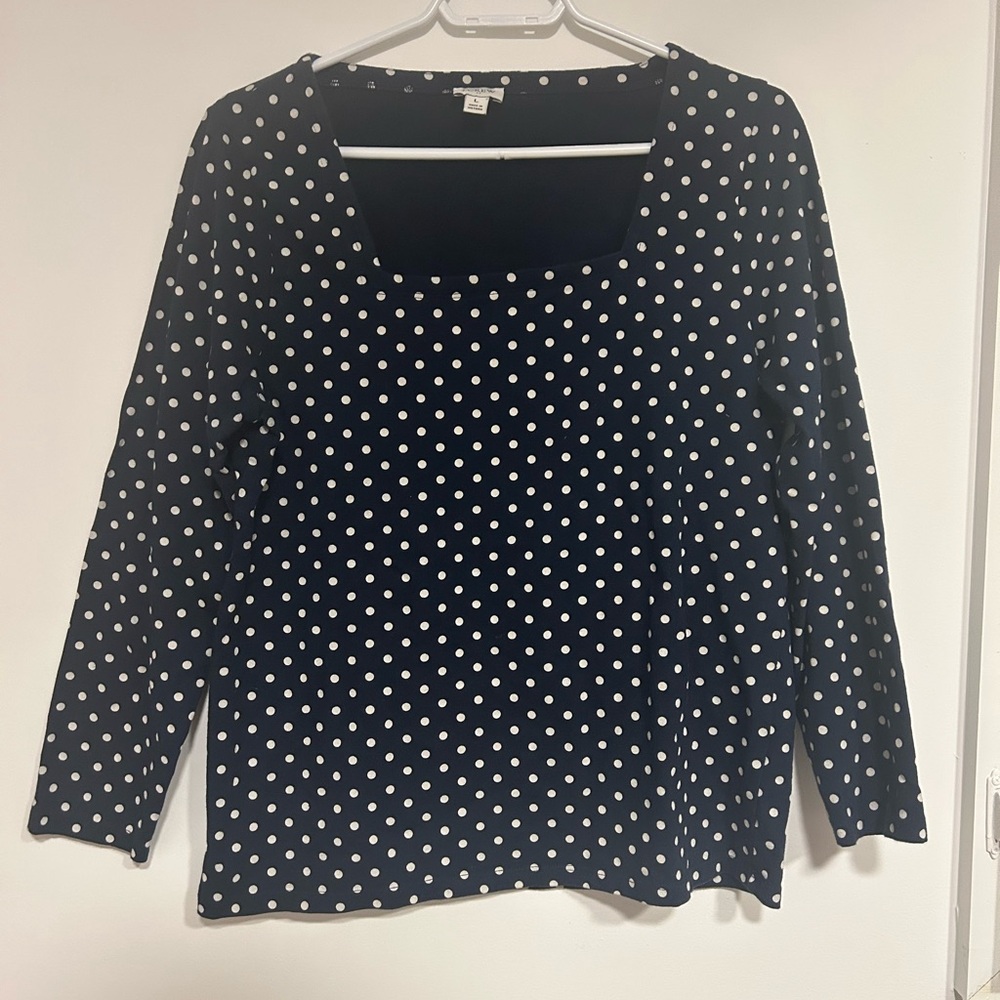 navy and white polka dot square neckline long sleeve top!